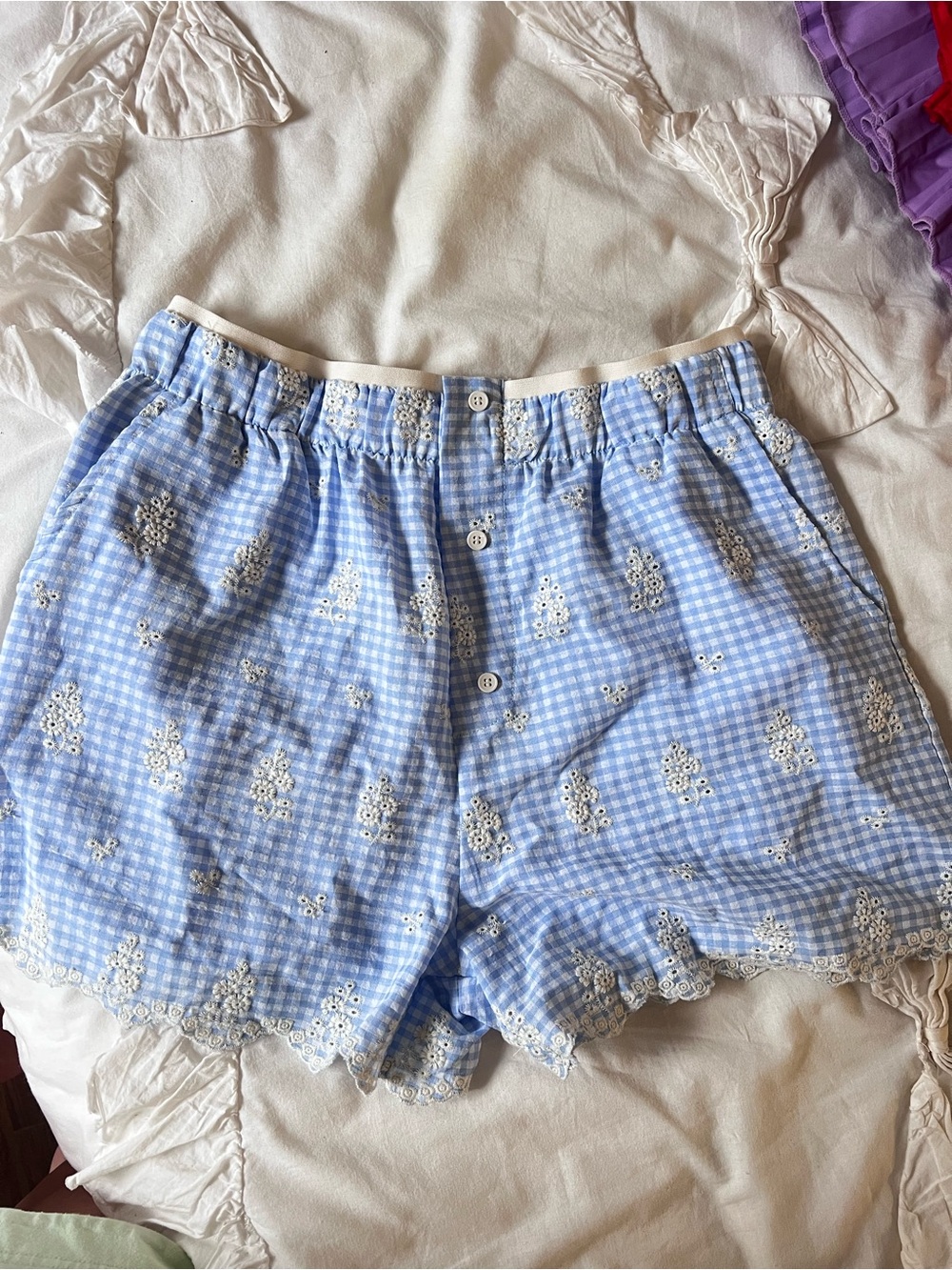Very J Light Blue Gingham Eyelet Trim High Waist Shorts